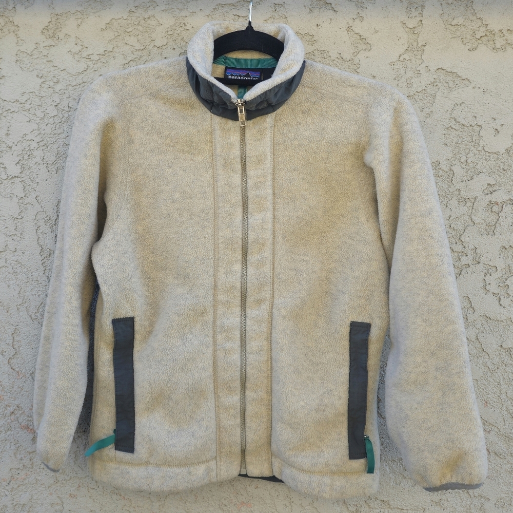 Vintage 90s Patagonia Synchilla Full Zip Fleece Jacket Oatmeal Beige USA Made XS